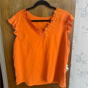 Women’s Orange Floral-Trim V-Neck Shell Top